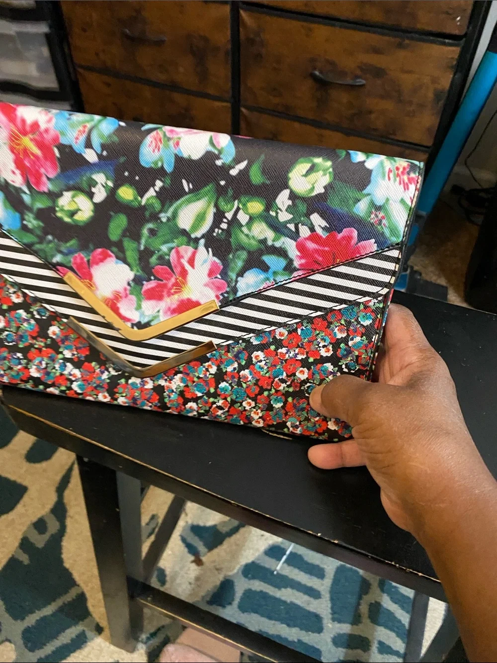 Aldo Floral & Stripe Envelope Clutch - Black, Pink, Green, Red